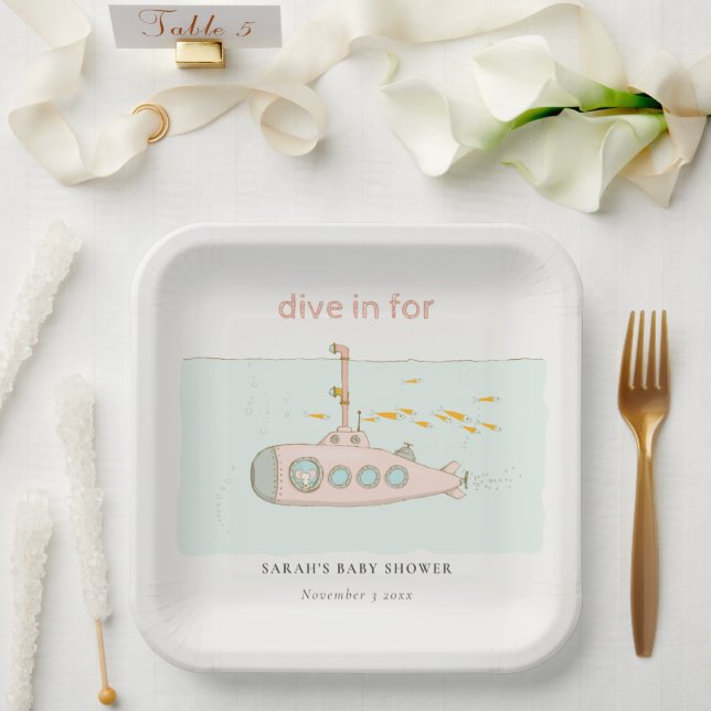 Cute Dive In Underwater Submarine Baby Shower Paper Plates (Wedding)