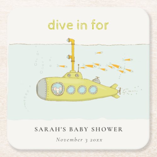 Cute Dive In Underwater Submarine Baby Shower Square Paper Coaster