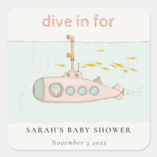 Cute Dive In Underwater Submarine Baby Shower Square Sticker