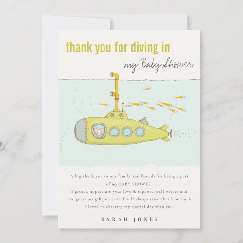 Cute Dive In Underwater Submarine Baby Shower Thank You Card