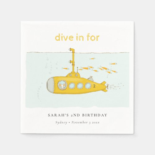 Cute Dive In Underwater Submarine Yellow Birthday Napkins