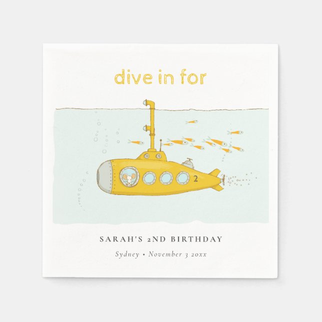 Cute Dive In Underwater Submarine Yellow Birthday Napkins (Front)