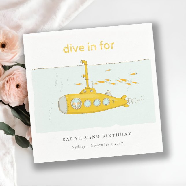 Cute Dive In Underwater Submarine Yellow Birthday Napkins (Creator Uploaded)