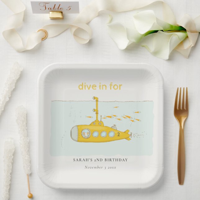 Cute Dive In Underwater Submarine Yellow Birthday Paper Plates (Wedding)