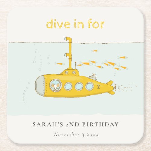 Cute Dive In Underwater Submarine Yellow Birthday Square Paper Coaster