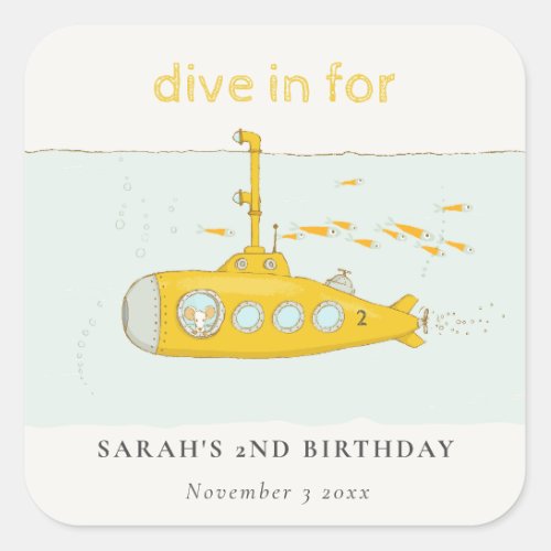 Cute Dive In Underwater Submarine Yellow Birthday Square Sticker