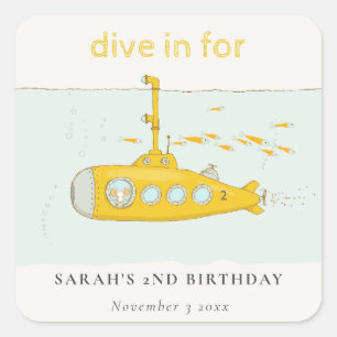Cute Dive In Underwater Submarine Yellow Birthday Square Sticker