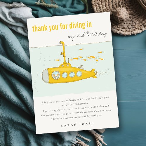 Cute Dive In Underwater Submarine Yellow Birthday Thank You Card