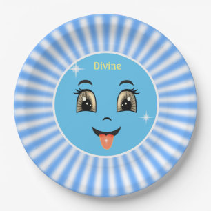 Cute Divine Happy Face & Blue Rays Paper Plates