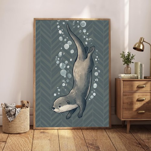 Cute Diving Otter Nursery Art Chevron Background Poster