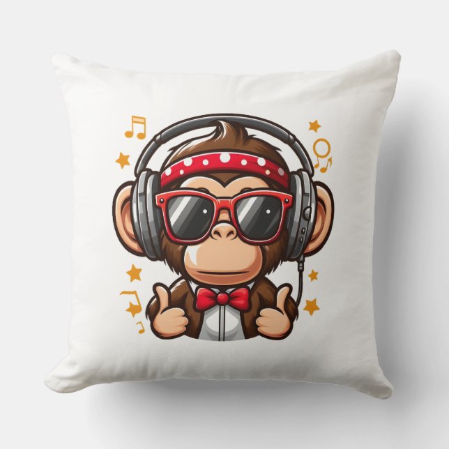 Cute DJ Monkey with Headphones for Kids Throw Pillow (Front)