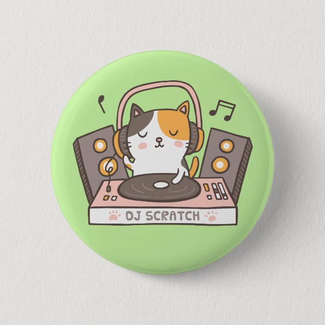 Cute DJ Scratch Kitty Cat Button (Front)