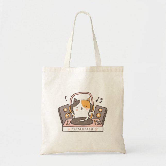 Cute DJ Scratch Kitty Cat Pun Humor Tote Bag (Front)