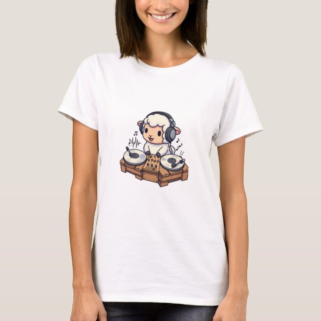 Cute DJ Sheep Wearing Headphones Mixing on Rustic T-Shirt (Front)