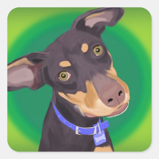 Cute Doberman Mix Dog on a Green Background Square Sticker