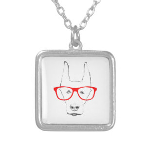 Cute Doberman Pinscher Dog Face w Spectacle Sketch Silver Plated Necklace