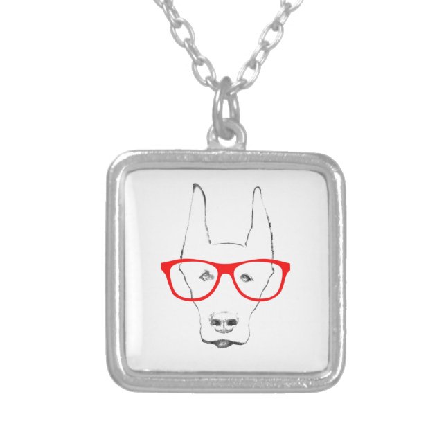 Cute Doberman Pinscher Dog Face w Spectacle Sketch Silver Plated Necklace (Front)