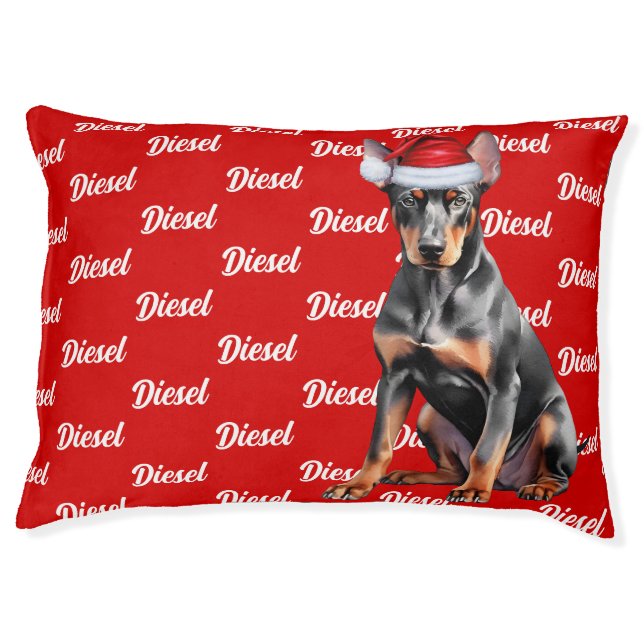 Cute Doberman Pinscher with Dog's Name Holiday Pet Bed (Front)