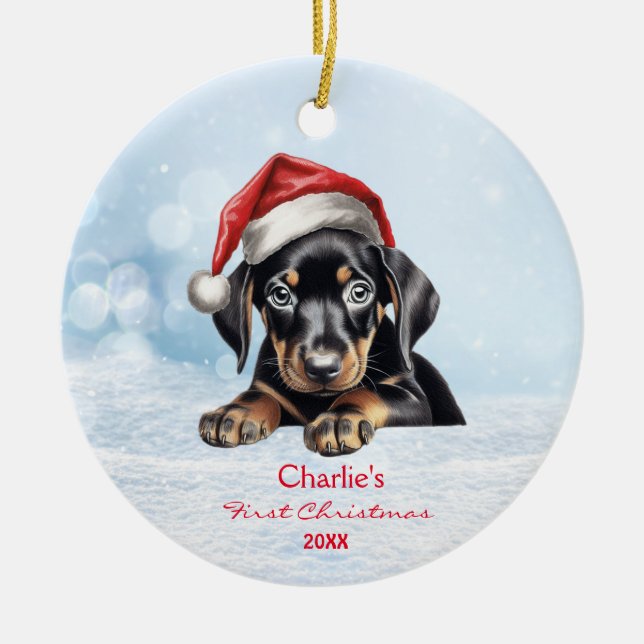 Cute Doberman Puppy Dog Santa Hat 1st Christmas Ceramic Ornament (Front)