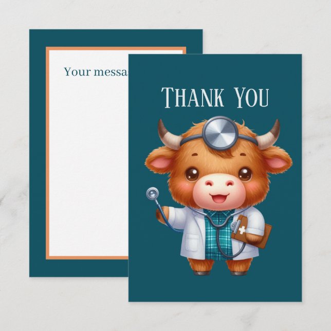 Cute Doctor add message Highland cow  Thank You Card (Front/Back)