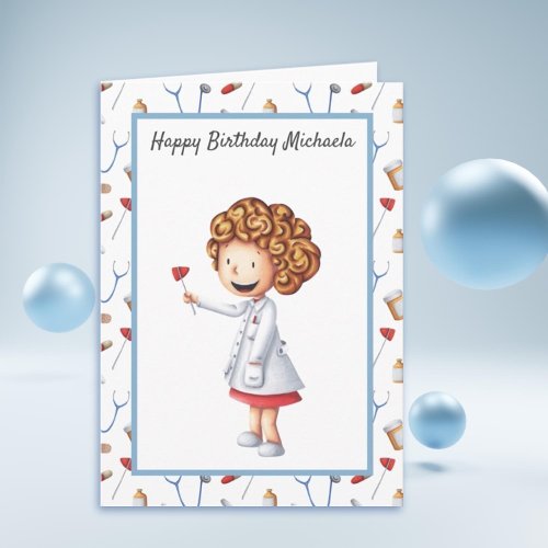 Cute Doctor Girl Illustrated and Pattern Birthday Card