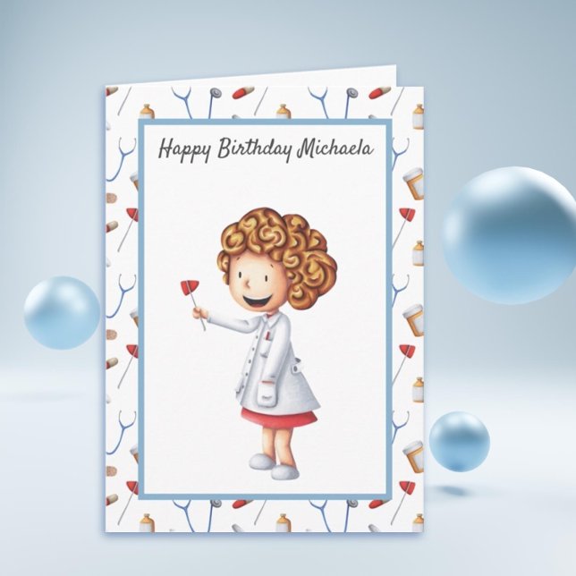 Cute Doctor Girl Illustrated and Pattern Birthday Card (Doctor Birthday Card)