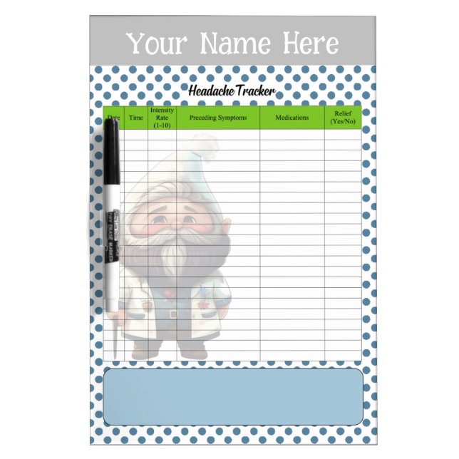 Cute Doctor Gnome Themed Headache Tracker Dry Erase Board (Front)