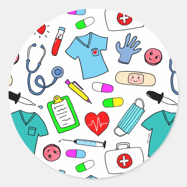 Cute Doctor Nurse Medical Supplies Pattern Classic Round Sticker (Front)