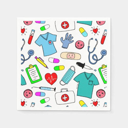 Cute Doctor Nurse Medical Supplies Pattern Napkins