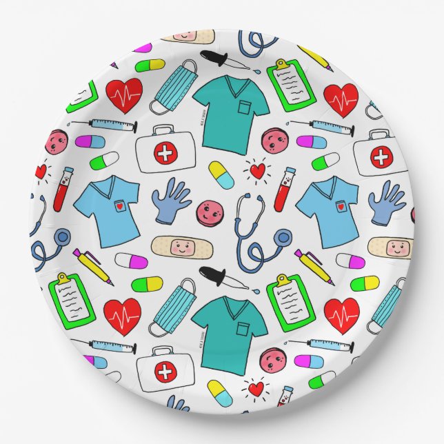 Cute Doctor Nurse Medical Supplies Pattern Paper Plates (Front)