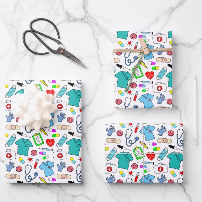 Cute Doctor Nurse Medical Supplies Pattern Wrapping Paper Sheets (Front)