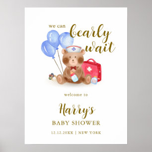Cute Doctor Teddy Bear Balloon Baby Shower Welcome Poster