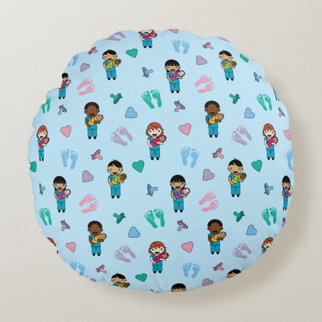 Cute Doctors and Nurses with Newborns Round Pillow (Front)