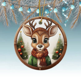 Cute Doe with Antlers Rustic Winter Xmas Tree 🦌🎄 Ceramic Ornament