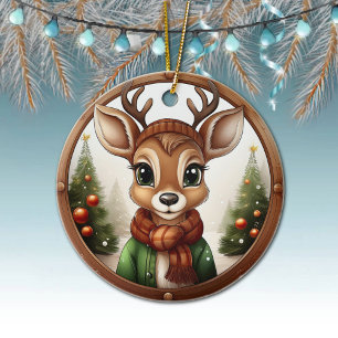 Cute Doe with Antlers Rustic Winter Xmas Tree 🦌🎄 Ceramic Ornament