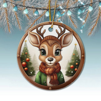 Cute Doe with Antlers Rustic Winter Xmas Tree 🦌🎄 Ceramic Ornament