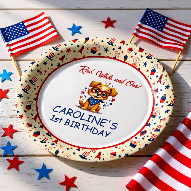 Cute Dog 4th Of July First Birthday Paper Plates (Creator Uploaded)