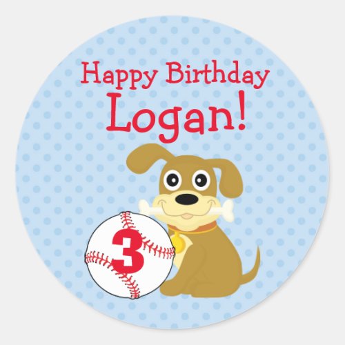 Cute Dog and Baseball Round Birthday Stickers Boy Classic Round Sticker