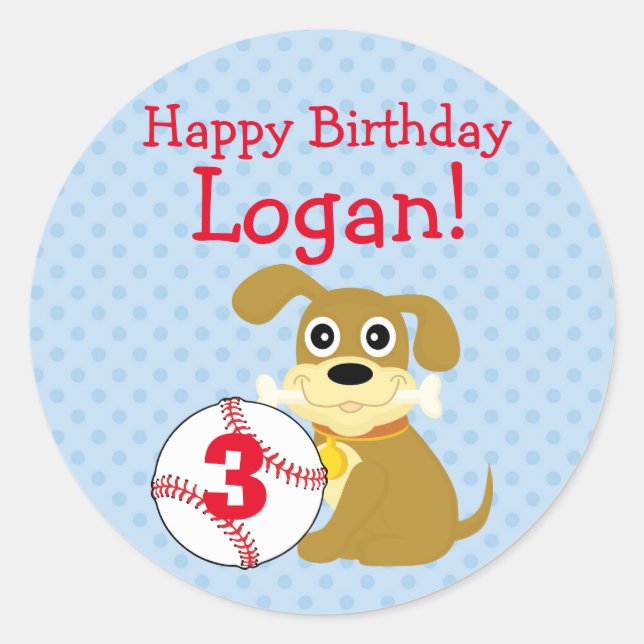 Cute Dog and Baseball Round Birthday Stickers, Boy Classic Round Sticker (Front)