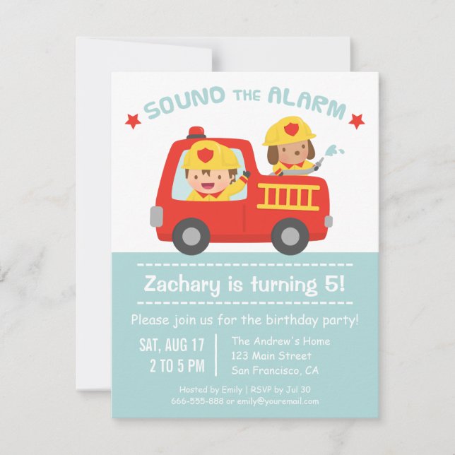 Cute Dog and Boy Red Fire Truck Birthday Party Invitation (Front)