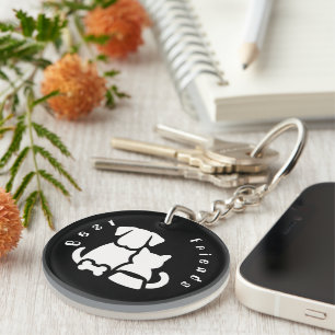 Cute Dog and Cat Best Friends Silhouette Metal Key Keychain