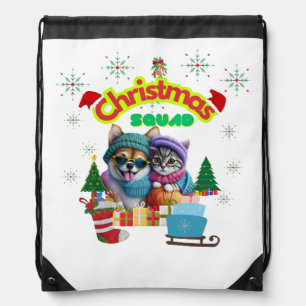 Cute dog and cat Christmas squad design Drawstring Bag