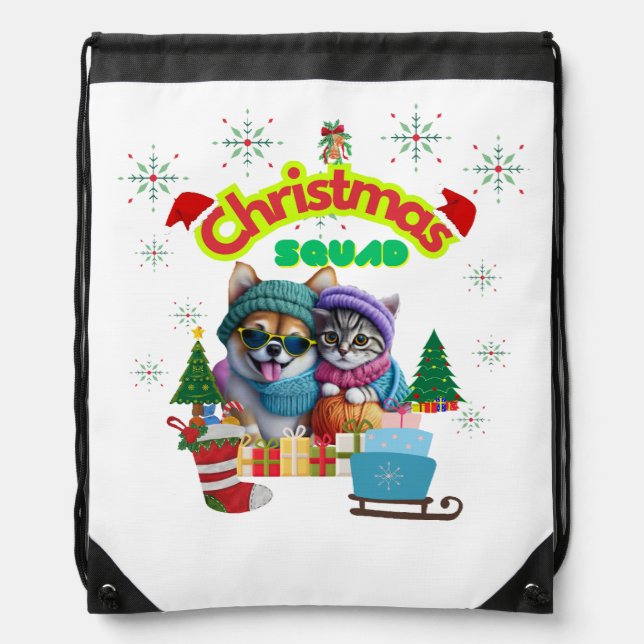 Cute dog and cat Christmas squad design  Drawstring Bag (Front)