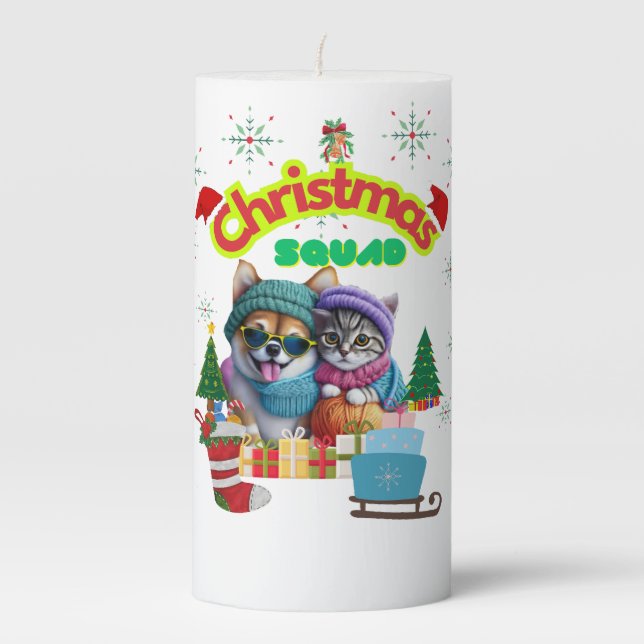Cute dog and cat Christmas squad design  Pillar Candle (Front)