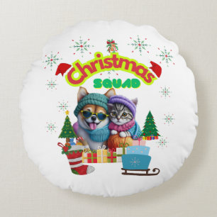 Cute dog and cat Christmas squad design Round Pillow
