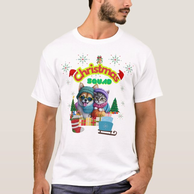 Cute dog and cat Christmas squad design  T-Shirt (Front)