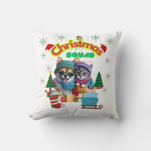Cute dog and cat Christmas squad design  Throw Pillow