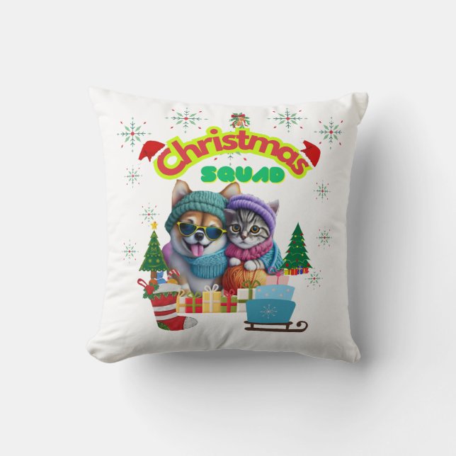 Cute dog and cat Christmas squad design  Throw Pillow (Front)