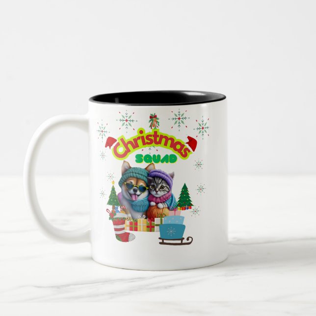 Cute dog and cat Christmas squad design  Two-Tone Coffee Mug (Left)