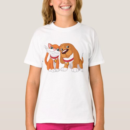 Cute Dog And Cat Girls T_Shirt